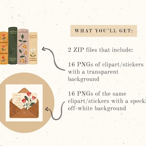 May include: Digital graphic featuring illustrated books with floral patterns and an envelope with flowers. The image includes text: "WHAT YOU'LL GET: 2 ZIP files that include: 16 PNGs of clipart/stickers with a transparent background, 16 PNGs of the same clipart/stickers with a speckled off-white background."