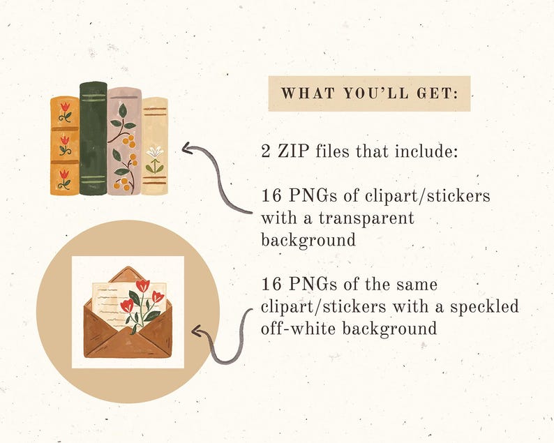 May include: Digital graphic featuring illustrated books with floral patterns and an envelope with flowers. The image includes text: "WHAT YOU'LL GET: 2 ZIP files that include: 16 PNGs of clipart/stickers with a transparent background, 16 PNGs of the same clipart/stickers with a speckled off-white background."