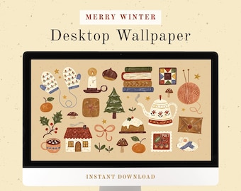 Merry Winter Desktop Wallpaper | Digital Download | Hand Drawn Cozy Festive Background