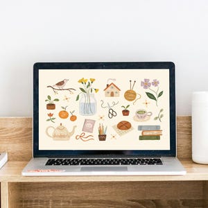 May include: A laptop computer screen displaying a digital illustration of various objects, including a teapot, a house, a bird, flowers, books, and a cup of tea. The background is a light beige color.