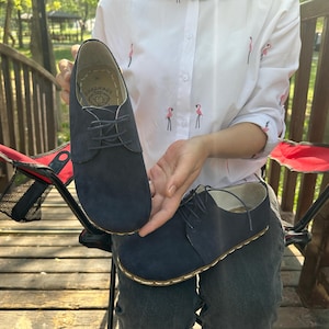 Handmade Leather Barefoot Oxfords: Navy Suede Walking Shoes