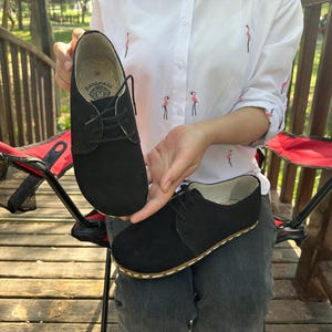 Natural Leather Women Oxfords Shoes, Wide Toe Box Barefoot Shoes, Earthing Comfortable Women Shoes, Walking Loafers Shoes, Suede Black Shoes