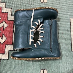 Grounding Leather Men Barefoot Boots,Handmade Organic Earthing Men Wide Toe Box Boots,Comfortable Men All Leather Boots,Green Boots For Men