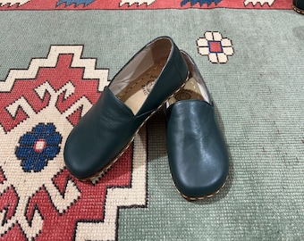 Zero Drop Leather Men Barefoot Shoes, Handmade Men Natural Shoes,Minimalist Grounding Shoes,Leather Shoes, Suede Navy Blue Men Organic Shoes