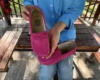 Damenleder Barfußschuhe: Wildleder Pink Breite Spitze, Erdung Natürlich
