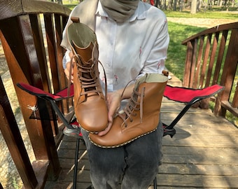 Earthing Barefoot Leather Natural Ergonomic Women Boots Shoes,Minimalist Women Handmade Boots,Walking Turkish Tan  Boots,Grounding Boots