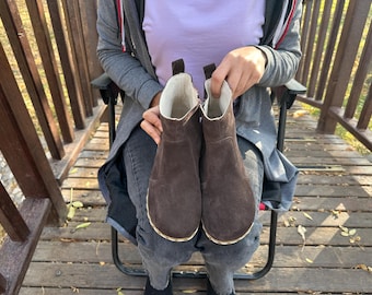 Earthing Leather Barefoot Women Short Boots: Minimalist Handmade Suede Brown