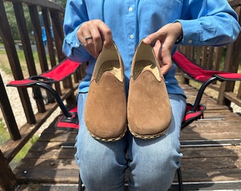 Earthing Women Barefoot Shoes, Handmade Women Natural Shoes, Minimalist Grounding Shoes,Women Shoes,All Leather Shoes, Suede Tan Shoes