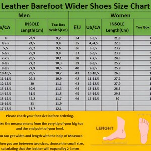 K&ouml;nnte beinhalten: Gr&ouml;&szlig;entabelle f&uuml;r Leder-Barfu&szlig;-Schuhe mit EU- und US/CA-Gr&ouml;&szlig;en f&uuml;r M&auml;nner und Frauen. Enth&auml;lt die Innensohlenl&auml;nge in cm und die Zehenboxbreite in cm. Anweisungen zur Fu&szlig;messung sind ebenfalls enthalten.