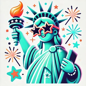 Estátua da Liberdade Patriótica Moderna PNG – 4 de Julho, Fogos de Artifício | Download Instantâneo, Pronto para Imprimir, Camiseta Infantil DIY