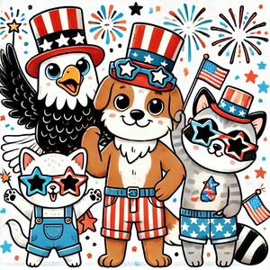 Patriotic Cartoon Animals 4th of July PNG – Cute Eagle, Dog, Cat & Raccoon in USA Gear – Instant Download Sublimation Design