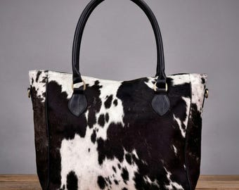Koeienhuid draagtas, leren handtas met westerse koeienprint