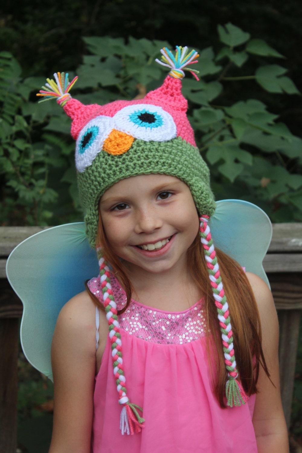 Made to order crochet owl hat:  baby-adult; pink; green