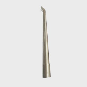 May include: A stainless steel dental instrument with a curved tip. The instrument has a long, tapered body and a small opening at the base. The tool is designed for use in dental procedures.
