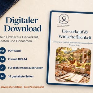 Op de afbeelding: Een digitale download getiteld Eierverkauf & Wirtschaftlichkeit met een logo met de initialen Sk en een foto van kippen, eieren in manden en een notitieboek op een houten tafel. De tekst bevat PDF-Datei, A4 en 14 pagina's.