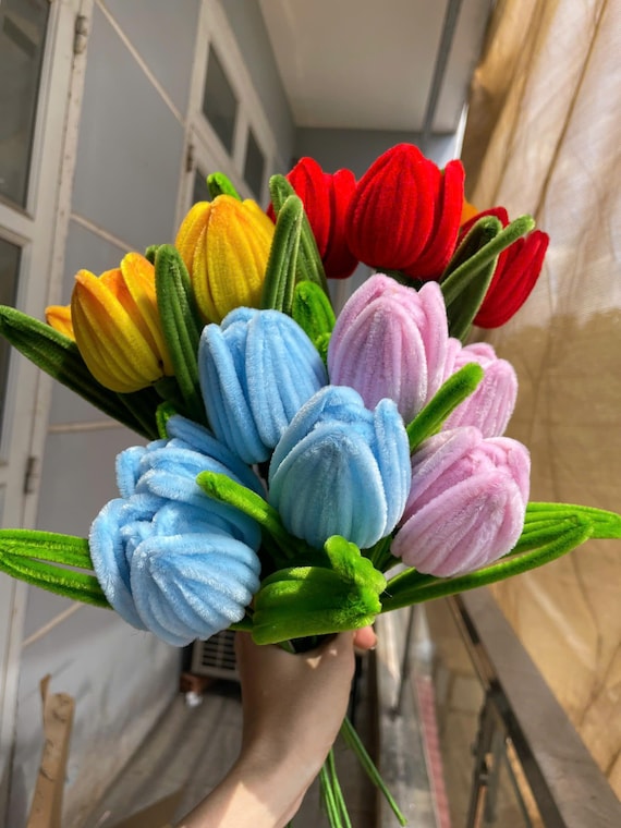 Colorful Tulip | Handmade Tulip | Handmade Pipe Cleaner Flower Basket | Mom Gift | Home Decor, Gift For Her, Anniversary Gift