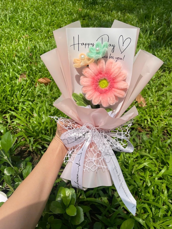 Gerbera Flowers Bouquet | Pastel bouquet | Handmade Pipe Cleaner Flower Basket | Mom Gift, Wedding Bouquet, Gift For Her, Anniversary Gift