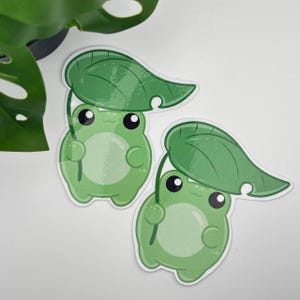 Cute frog sticker holding leaf | kawaii small froggy | waterproof for laptop journalling water bottle and small gift for kids