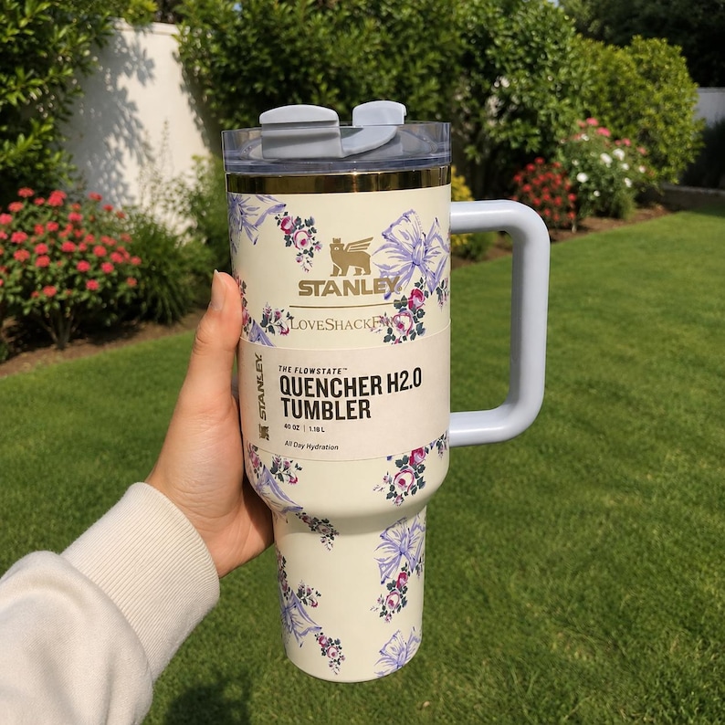 May include: Cream-coloured Stanley Quencher H2.0 tumbler with a floral pattern of pink and purple flowers and bows. The tumbler has a light grey handle and lid. Text on the tumbler reads "Stanley", "LoveShack", and "Quencher H2.0 Tumbler".