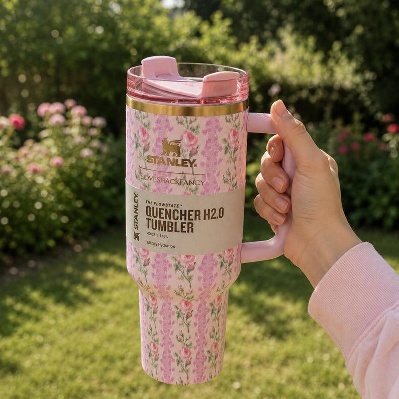 May include: A pink floral Stanley Quencher H2.0 tumbler with a handle and lid. The tumbler has a pink and gold rim and the text "Stanley Loveshackfancy Quencher H2.0 Tumbler". The tumbler is 40 oz.