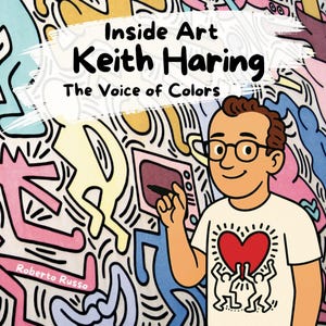 May include: Illustration of a book cover titled "Inside Art Keith Haring The Voice of Colors" featuring a cartoon of a man with glasses holding a stylus. The background is a colorful mural with Haring's signature figures.