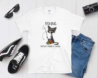May include: White t-shirt with a black cat illustration holding a fishing rod. The text on the shirt reads "Fishing because murder is wrong."