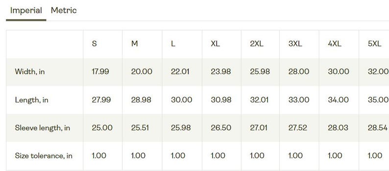 May include: Size chart showing width, length, and sleeve length measurements in inches for different sizes of a garment, from S to 5XL. The size tolerance is 1 inch for all sizes.
