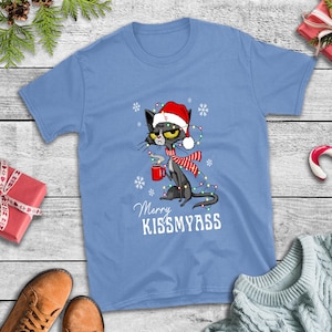 Funny Christmas Cat Santa Hat Sarcastic Unisex T-shirt, Holiday Graphic Tee, Merry Kissmyass Gift, Black Cat Lover Apparel, Novelty Shirt
