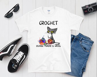 Grappig gehaakt sarcastische knorrige kat uniseks softstyle T-shirt, omdat moord verkeerd is, cadeau voor hakers, kattenliefhebber T-shirt, shirt Cat Lady,