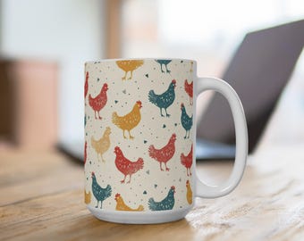 Tazza con stampa di un grazioso pollo da 15 once, tazza da caffè in stile rustico, regalo per gli amanti degli animali, accogliente decorazione da cucina, perfetta per i compleanni