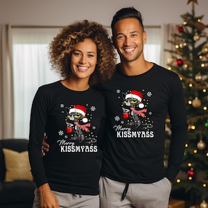 Black Cat Santa Hat Merry Kiss My Ass Unisex Tee, Christmas Gift Shirt, Funny Holiday Long Sleeve Top, Cat Lover Gift Clothing, Santa Hat
