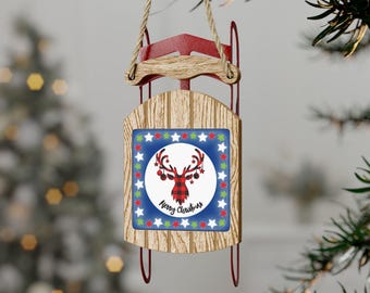 Sled Ornament, Ornament Set, Christmas Tree Decor, Holiday Gift, Farmhouse Decor, Buffalo Plaid, Rustic Ornament, Tree Decoration