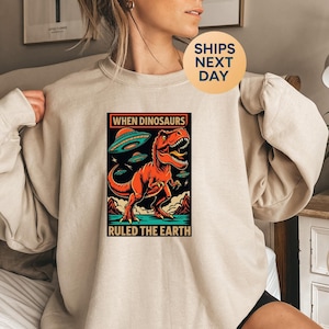 Vibrant Retro T-Rex and UFOs Comic Sweatshirt, When Dinosaurs Ruled the Earth Graphic, Dinosaur Gift Sweater, Funny Dinosaur Hoodie-PH020