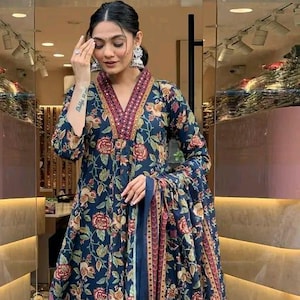 Floral Baumwolle Kurti Set mit Hose & Dupatta | 3 Teiliges Indianer Outfit | Plus Size Kurti Anzug S bis 7XL | Ethno Kleidung für Frauen