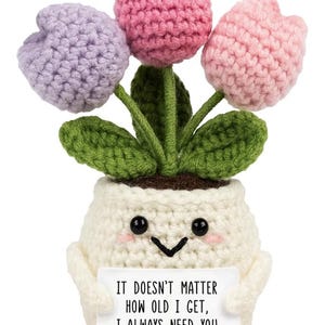 May include: A crocheted flower pot with three colorful tulips. The pot has a smiling face and holds a sign that reads "IT DOESN'T MATTER HOW OLD I GET, I ALWAYS NEED YOU MOM."