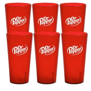May include: Set of six red plastic tumblers with the Dr Pepper logo in white.