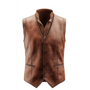 Men&#39;s Brown Leather Vest - Vintage Sheepskin Waistcoat with Pockets, Custom Sizing, Fall Winter Gift for Him, Biker Streetwear