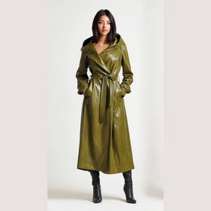 Vintage Green Sheepskin Leather Trench Coat Women | Hooded Midi Trench Coat | 90s Leather Coat Gift for Her | Custom Size Winter Coat