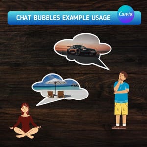May include: A graphic design template titled CHAT BUBBLES EXAMPLE USAGE featuring a person in a blue shirt and yellow shorts thinking of a black sports car, and a person in a maroon outfit meditating while thinking of a beach with chairs.