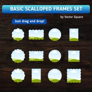 May include: A collection of basic scalloped frames in diverse shapes, such as circles and rectangles, featuring a sky and landscape design. The frames have a scalloped edge and come in various sizes. The text "Basic Scalloped Frames Set" and "Just drag and drop!" are included.