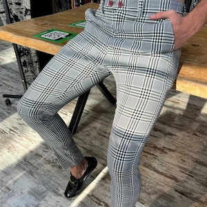 Men&#39;s Slim Fit Checkered Dress Pants: Grey & Black Poly Rayon Blend