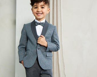 Boy's Grey Sequin Tuxedo: 5-Piece Slim Fit Suit Set