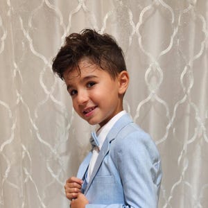 5-Piece Boy's Suit Set in  Light Blue ( Linen style) Jacket, Vest, Pants, Dress Shirt & Bow Tie - Formal Look for Wedding or Events .