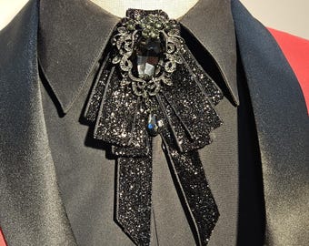 Men&#39;s Brooch Bow Tie in glitter Black color and (black stone) in center, perfect for Weddings, Grooms, Groomsmen, Prom, or Everyday.