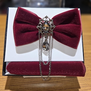 May include: A deep burgundy velvet bow tie, featuring an ornate jewel centerpiece and dangling chain detailing. It's presented with a matching pocket square in a black and white box. The background is blurred, suggesting a shop setting.