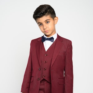 Burgundy Boy&#39;s Suit Set: Wedding Outfit, Bow Tie, Adjustable Waist