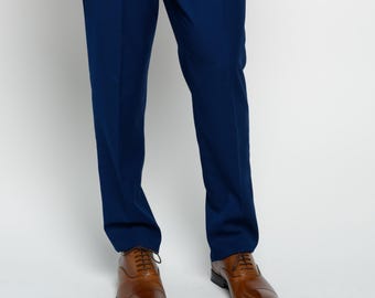 indigo blue dress pants Mens Classic Fit Solid Royal Blue Flat Front Wool Dress Pants, 32 main image 0