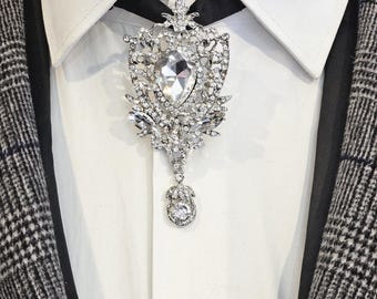 Men&#39;s Silver Brooch Bow Tie Medallion (clear stone) perfect for Weddings, Grooms, Groomsmen, Prom, or Everyday.