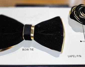 Men&#39;s Black and Gold  Luxury Velvet Bow Tie, Brooch, and flower Pin lapel