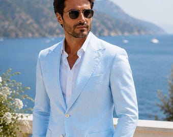 Light Blue Linen Suit 2 Piece | Slim Fit Peak Lapel Summer Wedding Groom Suit